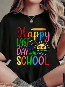 Camiseta de Graduación para Maestros y Estudiantes "Feliz Último Día de Clases", Cuello Redondo Casual, Manga Corta, Top de Verano Transpirable y Cómodo - Negro - Ver 6