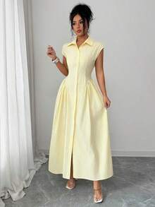 Vestido de mujer Lili House de algodón amarillo claro a rayas, con cuello, manga corta, cintura plisada y abertura frontal, elegante y multiusos, adecuado para primavera/verano, oficina, brunch, citas, vacaciones - Amarillo - Ver 3