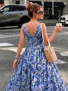Amore Look For A Wedding Guest: Long Blue Dress With Floral Print, V-Neck, Sleeveless, High Waist And A-Line Silhouette, Perfect For Graduations, Parties, Summer Holidays Or An Elegant Afternoon Tea - 鵝黃色 - 查看 4