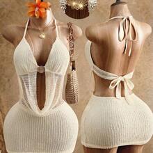 Soqi Women's Clothing  Vestido corto de fiesta elegante con cuello halter y cintura anudada de unicolor, vestido de playa sexy, conjunto de bikini de dos piezas con top y falda, ropa de verano sexy para mujer, vestido de vacaciones, vestido de playa, conjunto de ropa de verano, vestido de primavera, conjunto de playa de ganchillo, ropa de verano, conjunto de ropa de verano para mujer, conjunto de ropa de playa para mujer, cubrecosturas de playa para mujer - Rosa Fucsia - Ver 2