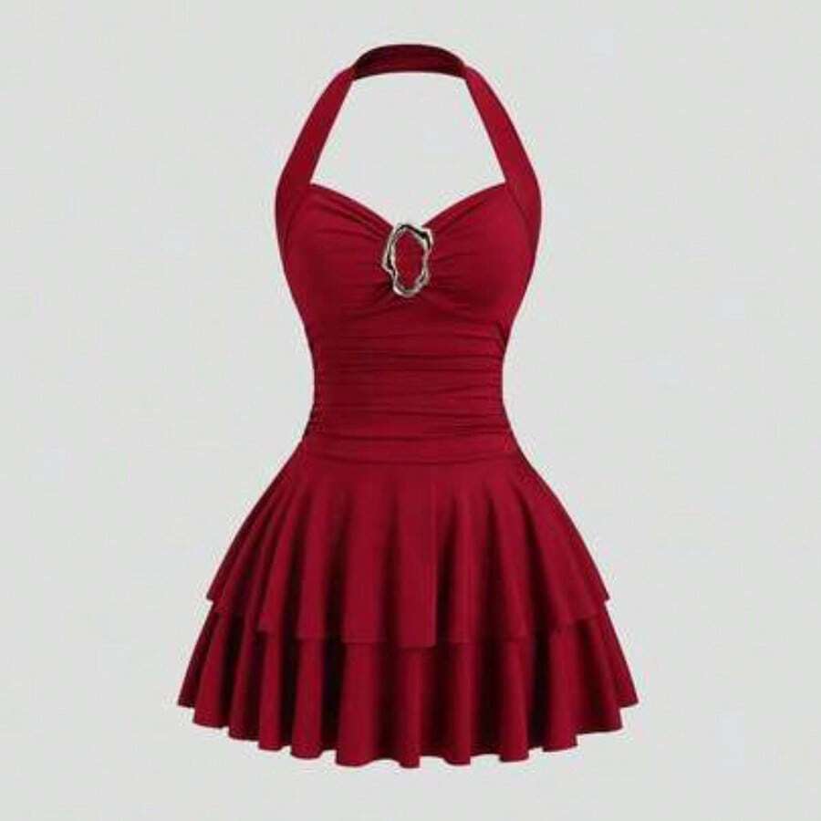 Fengyu Women's Clothing Store Vestido mini sexy de mujer con cuello halter, hebilla metálica y volantes en el bajo - Rojo - Ver 1