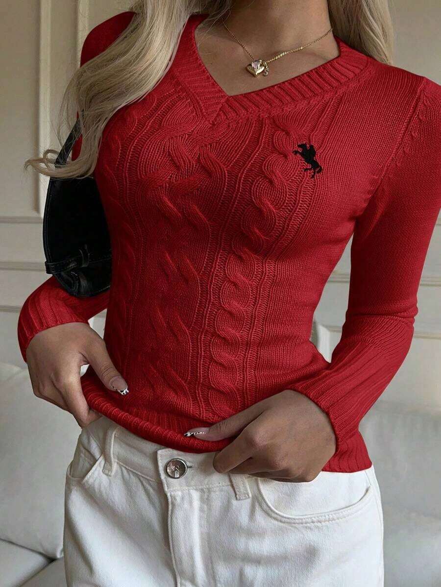 Jersey de manga larga con cuello en V con estampado de caballero para mujer, otoño/invierno - Burdeos - Ver 1