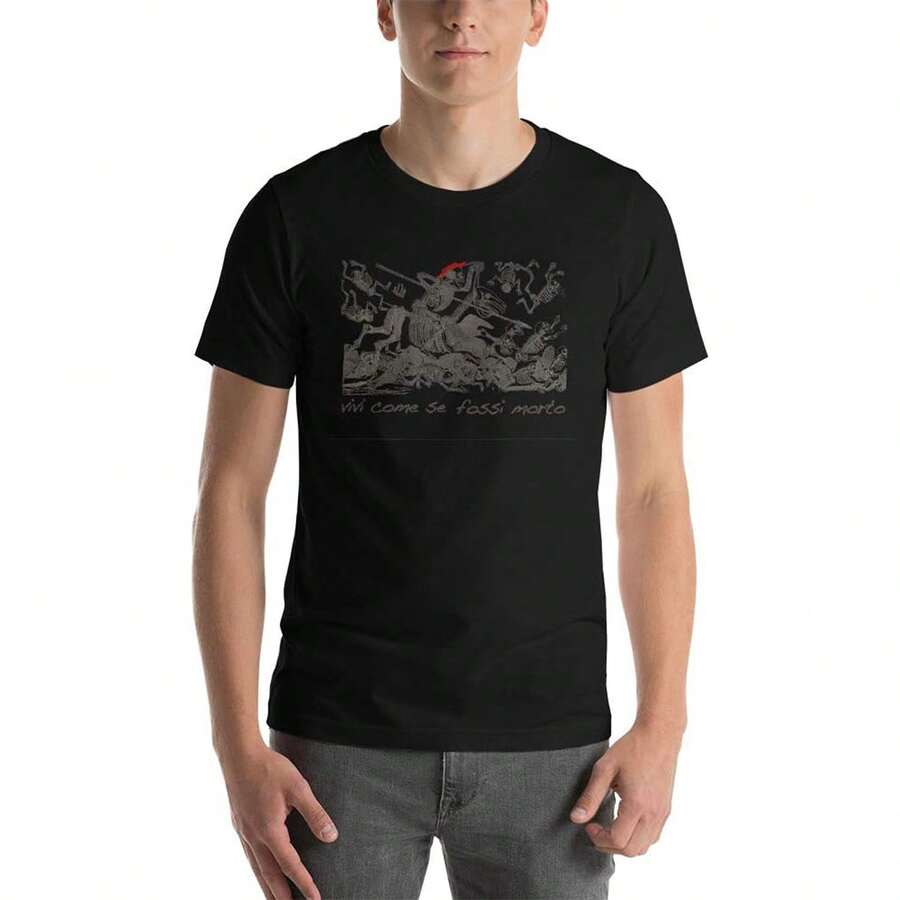 Camiseta unisex de manga corta con diseño de caballo mexicano, de José Guadalupe Posada, con texto Live Life México, color morado, Negro, Small - Negro - Ver 1