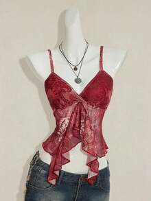 Top informal de tirantes con escote en V, dobladillo con volantes y estampado floral rosa para vacaciones' - Burdeos - Ver 4