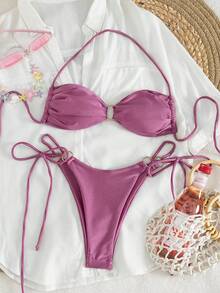 New Fashionable Sexy Solid Color Bikini, Women Strap-Tie Split Swimwear, For Summer Beach Vacation - Dusty Pink - View 3