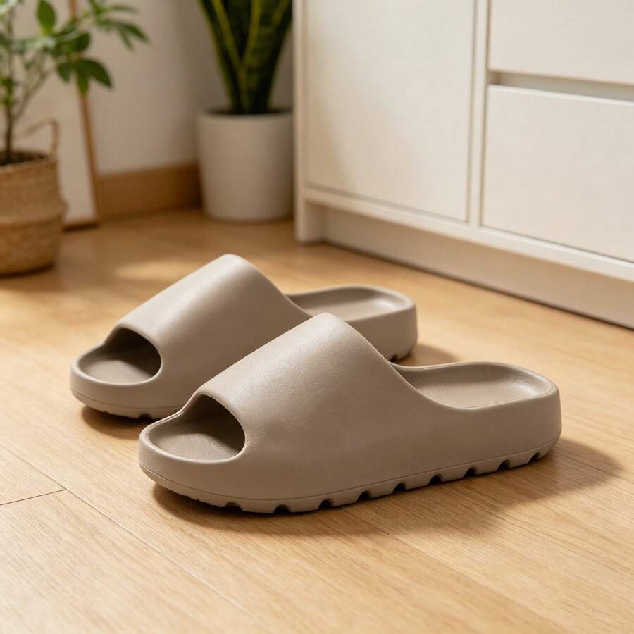 Summer Solid Color Thick Sole Slides, Unisex One-Piece EVA Waterproof Non-Slip Slippers, Versatile For Home, Shower, Street & Beach Wear - Brown - View 1