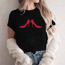 Playera de mujer de algodón cuello redondo manga corta verano casual tacones rojos  viral en México - Negro - Ver 6