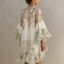 Women's High Neck Balloon Sleeve Vintage Landscape Print High Low Chiffon Mini Dress, Bohemian Flowy Ruffle Hem Tunic - 綠色 - 查看 8