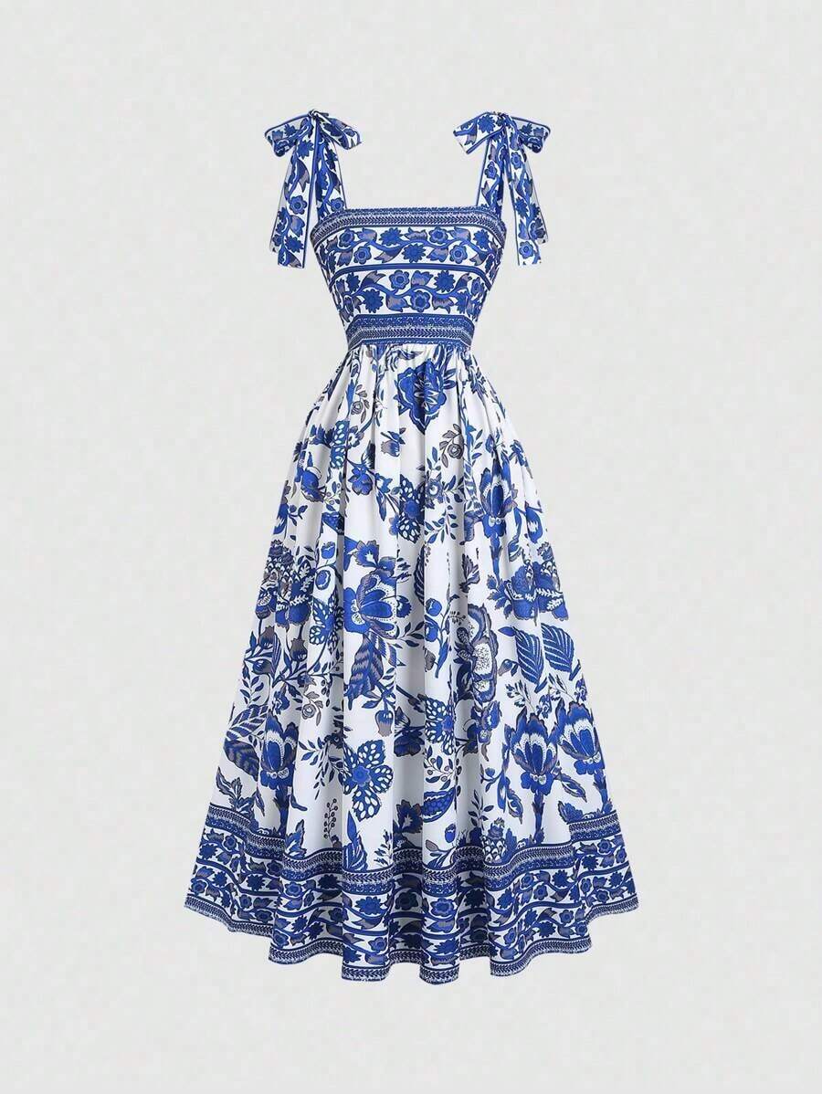 Vestido vintage de mujer con cintura anudada y estampado floral diminuto, de peso ligero y lujoso, sin mangas, rojo, ajustado, sexy, adecuado para vacaciones de verano y fiestas - Multicolor 2 - Ver 1
