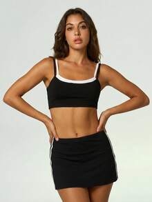 UONNOU Tennis Skirt Shorts Workout Set, Fake Two-Piece Color Block Sports Bra - Black - View 7