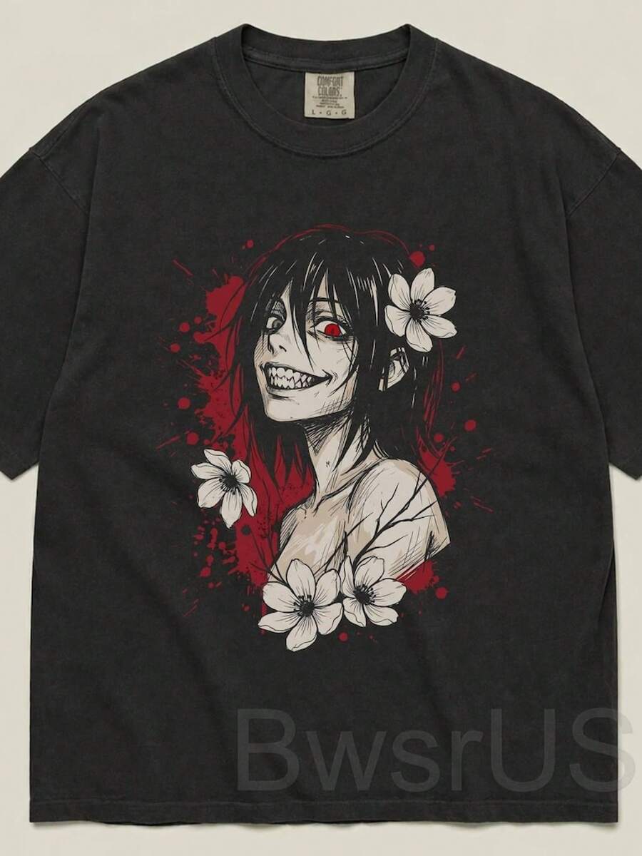 Camiseta unisex, CreepyAnimeGirlUnisexT-shirtHorrorMangaCharacterScaryKawaiiAnimeFanShirtGothicYandereOtaku, Ropa de mujer, Blusas, Camisas casuales de mujer, Blusas, Camisas de mujer, Conjunto casual diario, Corte regular, Combinación diaria, Estampado gráfico, Conjunto casual deportivo diario, Corte regular, Combinación diaria, Estampado gráfico, Casual deportivo - Negro - Ver 1