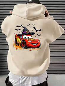 Disney Cars Lightning McQueen Halloween Graphic Hoodie, Featuring Witch Hat, Bats And Spooky Race-Themed Print, Ideal For Everyday Casual Streetwear And Holiday-Themed Disney Outfits - Màu be - Xem 1