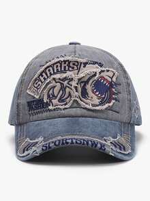 1pc Men's New Washed Shark Embroidery Outdoor Sports Sun Protection Baseball Cap, Versatile Streetwear Big Head Size - Navy Blue - View 11