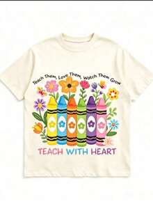 Mexican Basics | 100% Pure Cotton And Breathable | Plus Size Teacher Appreciation T-Shirt - Heart Teaching Graphic, Pastel Colors - Soft And Breathable Cotton Daily Gift For Teachers For Teacher's Day, Back To School - Casual Teacher Clothing, Unisex Summer Top New Launch - 杏色 - 查看 4