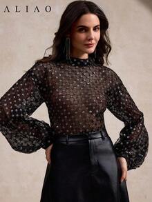 Blusa elegante con mangas de linterna bordada con lentejuelas ALIAO, versátil para ir al trabajo, citas, uso diario, brillante para fiestas de vacaciones - Negro - Ver 4