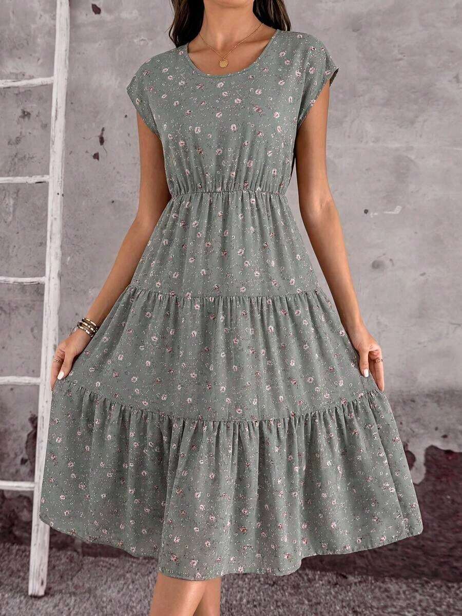 Vestido casual de mujer con estampado floral y volante en el bajo, para verano - Verde - Ver 1