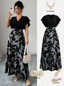 Vestido ajustado y acampanado con mangas de campana, con patrón de hojas de color rojo burdeos elegante para mujer, para primavera/verano - Multicolor 5 - Ver 3
