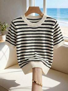 Nueva llegada Primavera/Verano Estilo coreano Casual Suelta Personalizada Blusa de punto de mujer a rayas de color contrastante - Multicolor 2 - Ver 1