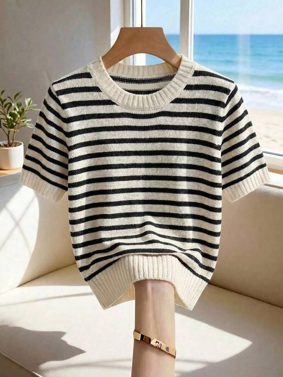 Nueva llegada Primavera/Verano Estilo coreano Casual Suelta Personalizada Blusa de punto de mujer a rayas de color contrastante - Multicolor 2 - Ver 1