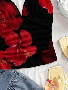 Camiseta de mujer elegante para vacaciones, de tela de punto a lunares, con tirantes retorcidos y fruncidos, de ajuste ceñido, adecuada para vacaciones, citas, té de la tarde, playa, crucero, viaje a la ciudad, vacaciones en la isla, festival de música, vacaciones bohemias, se puede usar por dentro o por fuera - Multicolor 7 - Ver 6