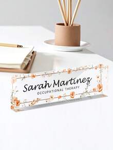 Customized Watercolor Floral Acrylic Desk Nameplate, Customizable Name & Position, Transparent Desktop Display Sign With Personalized Floral Pattern Acrylic Desk Plaque, Office Workstation Decoration Display Sign - Multicolor - View 2