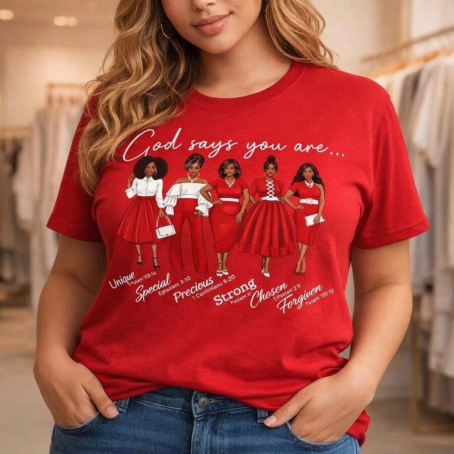 Women's Cotton T-Shirt, Graphic Print "God Says You Are...", Casual Short Sleeve, Loose Fit, Round Neck, Unique/Special/Forgiveness Positive Phrases, Various Sizes, Cotton T-Shirt - 紅色 - 查看 1