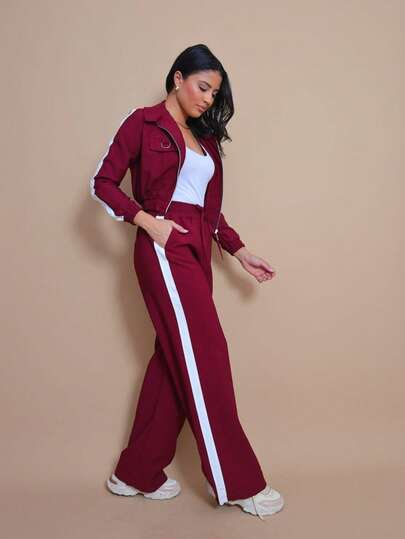 Conjunto Feminino outono inverno jaqueta  e calca  tecido Sensorial  gola alto manga comprido