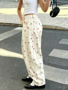 Women's Fashion Polka Dot Wide Leg Jeans, Loose Barrel Pants At The Mid-Waist, Aesthetic And Casual Y2k Jeans, Suitable For Everyday Street Wear - 粉色 - 查看 2