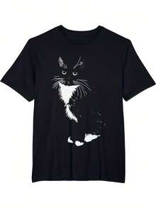 Unisex Black T-Shirt With A Tuxedo Cat Print, Soft And Breathable, Made Of Pure Cotton, With A Crew Neck And Short Sleeves, Suitable For Everyday Exercise, Streetwear, And Commuting. Classic Fit Casual T-Shirt, Available In Sizes S To XXL, Including Plus Sizes. Ideal Gift For Cat Lovers. Cat-Themed T-Shirt In Urban Style. - 黑色 - 查看 6