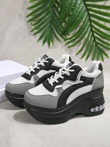 Women's Platform Sneakers, Color Block, Lightweight Breathable Mesh, Lace-Up Casual Shoes, Suitable For Spring And Autumn - Grey - View 7