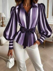 Camisa casual de primavera para mujer con botones delanteros, lazo en la cintura y rayas de contraste en negro - Morado - Ver 3