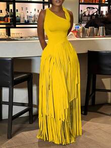Summer Dresses For WomenWomen's Solid Fringe Maxi Dress, Sexy Bodycon Party Cocktail Dress For Summerdresses For Women - 黃色 - 查看 2