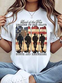 1 pieza Camiseta con la bandera estadounidense para hombres y mujeres, con el lema "Tierra de los Libres Gracias al Honor de los Valientes y la Memoria de los Veteranos Militares", para celebrar el Día de la Independencia Patriótica, el Día de los Héroes y el 4 de Julio, 220g/180g, 100% Algodón. - Blanco - Ver 1