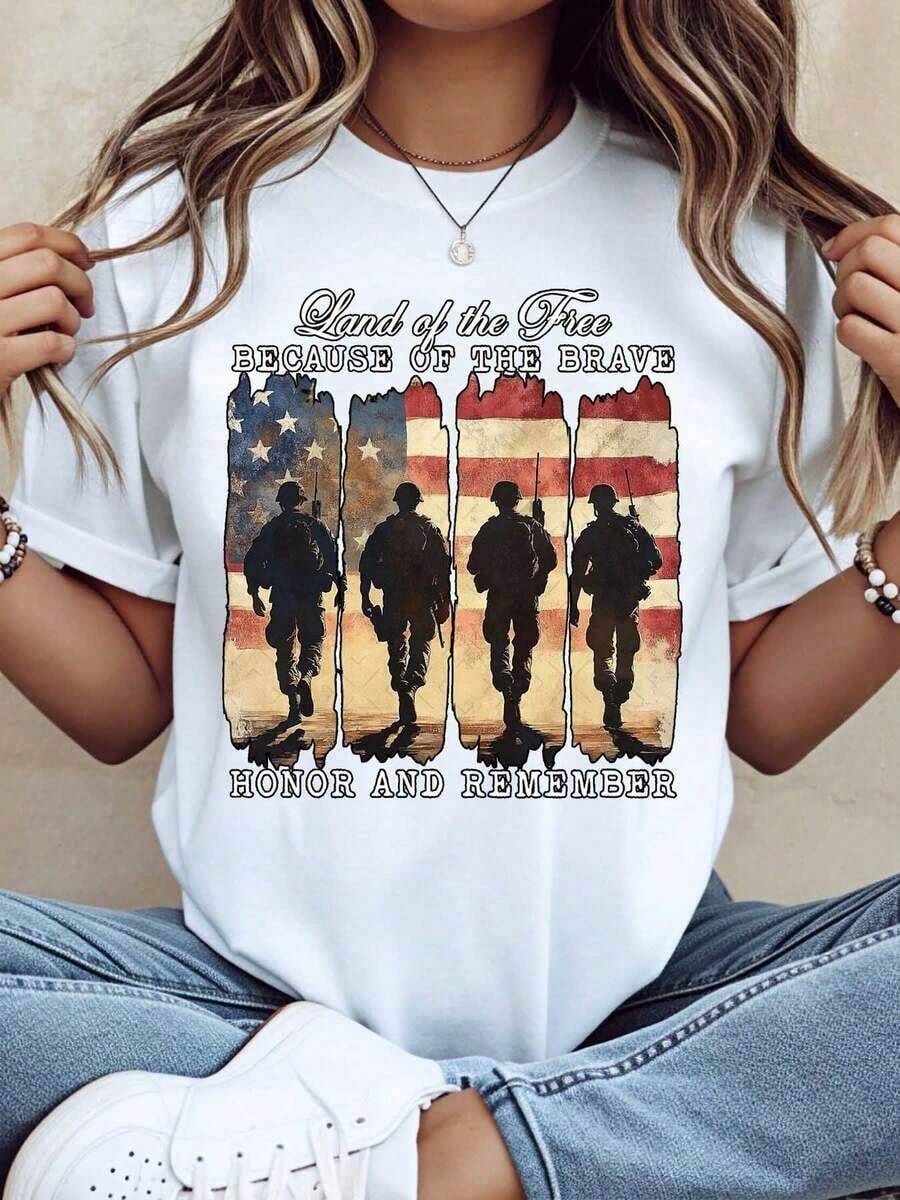 1 pieza Camiseta con la bandera estadounidense para hombres y mujeres, con el lema "Tierra de los Libres Gracias al Honor de los Valientes y la Memoria de los Veteranos Militares", para celebrar el Día de la Independencia Patriótica, el Día de los Héroes y el 4 de Julio, 220g/180g, 100% Algodón. - Blanco - Ver 1