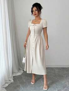 xheElenzga Vestido de manga larga de primavera/verano para mujer con cuello vuelto elegante trapezoidal, botones en la cintura, falda en línea A con pliegues y bajo con aberturaxhe - Albaricoque - Ver 3