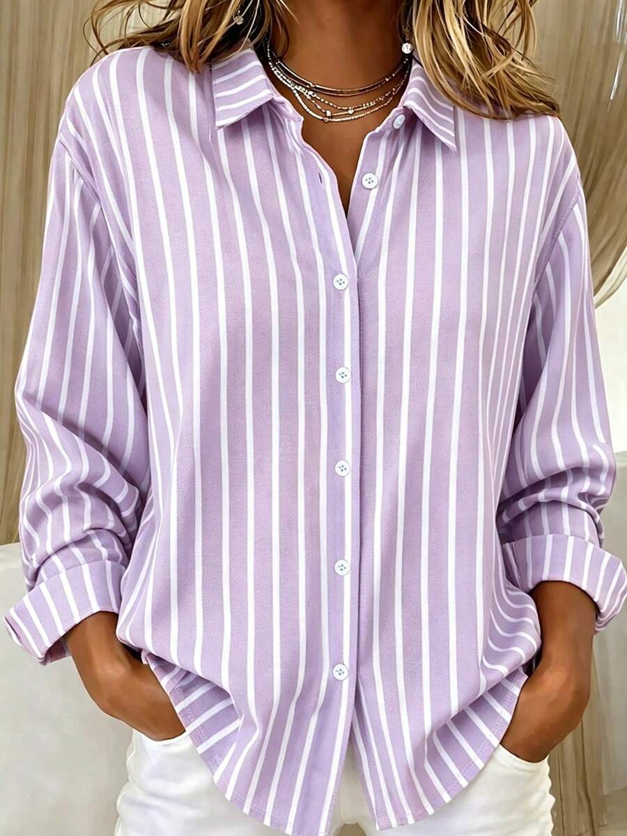 Casual Fashion Striped Print Women's Plus Size Button Long Sleeve Shirt Blouse - Mauve Purple - View 1