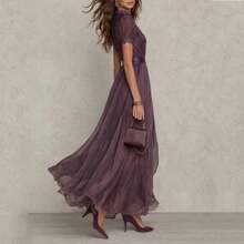 Vestido elegante de nueva colección verano, cuello en V, cintura marcada y volantes, vestido estampado para mujer - Morado - Ver 3