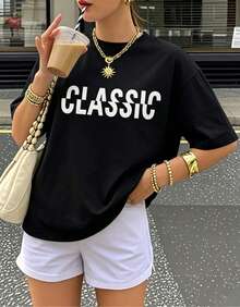 Camiseta Clásica con Estampado de Letras, Estética Minimalista, Manga Corta Casual Retro, Top Básico de Ropa Urbana para Uso Diario, Blanco de Verano VZPB - Negro - Ver 7