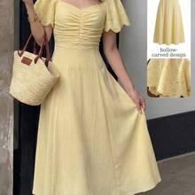 guangzhougaolangshangmao  Vestido elegante y romántico de manga corta, cintura recogida y plisado en A, de longitud media, en color amarillo tejido, para primavera/verano - Amarillo - Ver 4