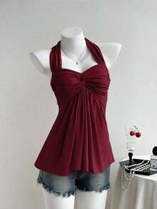 Camiseta de tirantes con cuello halter y espalda retorcida en color amarillo crema, para primavera/verano - Rojo - Ver 3
