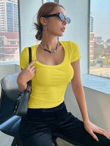 Camiseta casual de verano para mujer de ajuste ceñido con cuello redondo y mangas cortas en unicolor - Amarillo - Ver 5