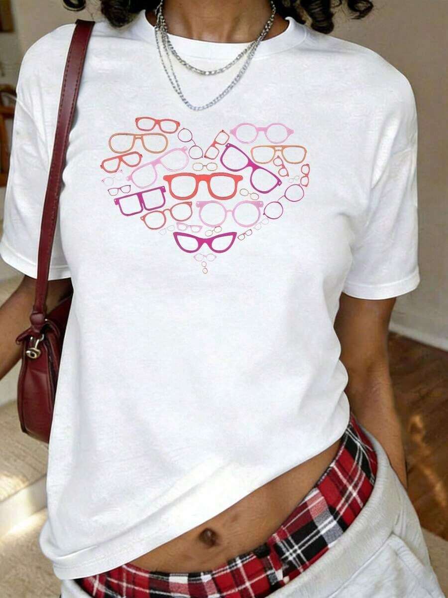 Camiseta Casual para Hombre con Estampado de Gafas en Forma de Corazón Colorido, Camiseta de Manga Corta con Cuello Redondo para Verano y Primavera, Ropa para Mujer - Blanco - Ver 1