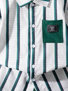 2pcs/Set Boys' Casual Striped Print Pattern Decorated Patch Short Sleeve Top And Solid Color Faux Drawstring Shorts, Spring/Summer Outfit - Green - View 6