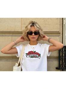 Camiseta de mujer, camiseta retro con estampado de rosa antigua - Camiseta con estampado de pancarta WEIRDO, estilo gótico punk retro, top estilo pintura de tinta tradicional, diseño de cuello redondo, adecuada para uso diario, top estilo punk lavable a máquina XZ2V - Blanco - Ver 7
