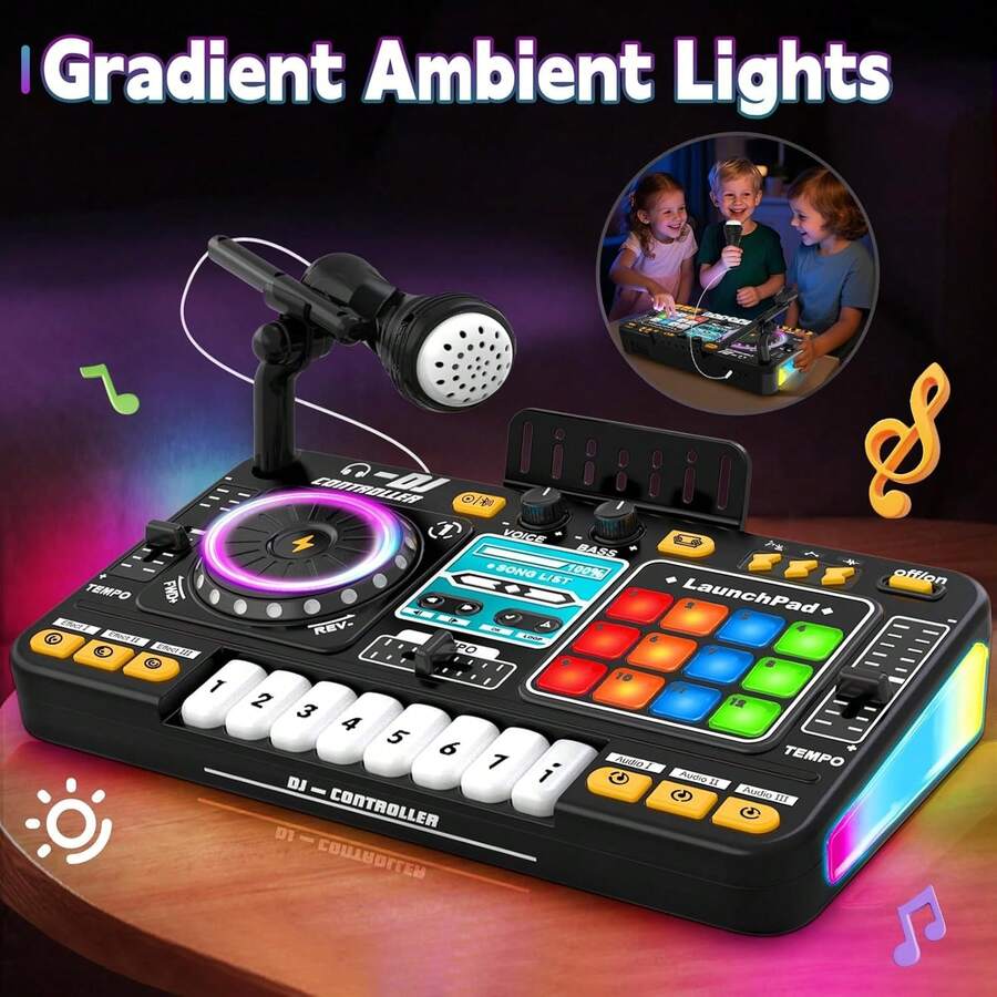 3-6 Years Old Kids DJ Mixing Console Toy, With DJ Turntable, Game Mode, Light Speed Control And Microphone, Suitable DJ Mixing Set Gift For Boys And Girls