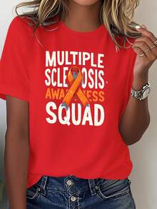 Camiseta del Equipo de Apoyo para el Cuidado de la Esclerosis Múltiple para Mujeres - Diseño con cinta, color sólido, corte ajustado, estilo casual, una prenda de caridad diseñada para pacientes y cuidadores. - Rojo - Ver 1