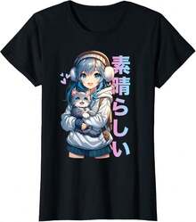 Linda camiseta de manga de anime con gato para amante de los gatos Kawaii Otaku - Negro - Ver 2
