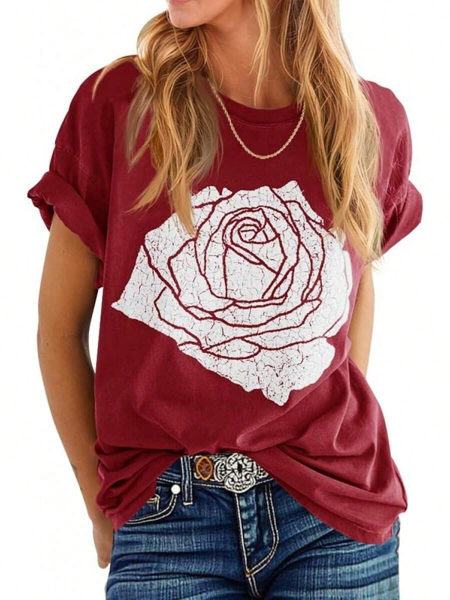 Women's T-Shirt With Rose Print, Loose Fit, Short Sleeve Summer Top, Casual Round Neck Boyfriend Style Top - 紅色 - 查看 1