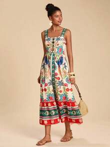 Vestido casual sin mangas con estampado floral para vacaciones - Multicolor 2 - Ver 4