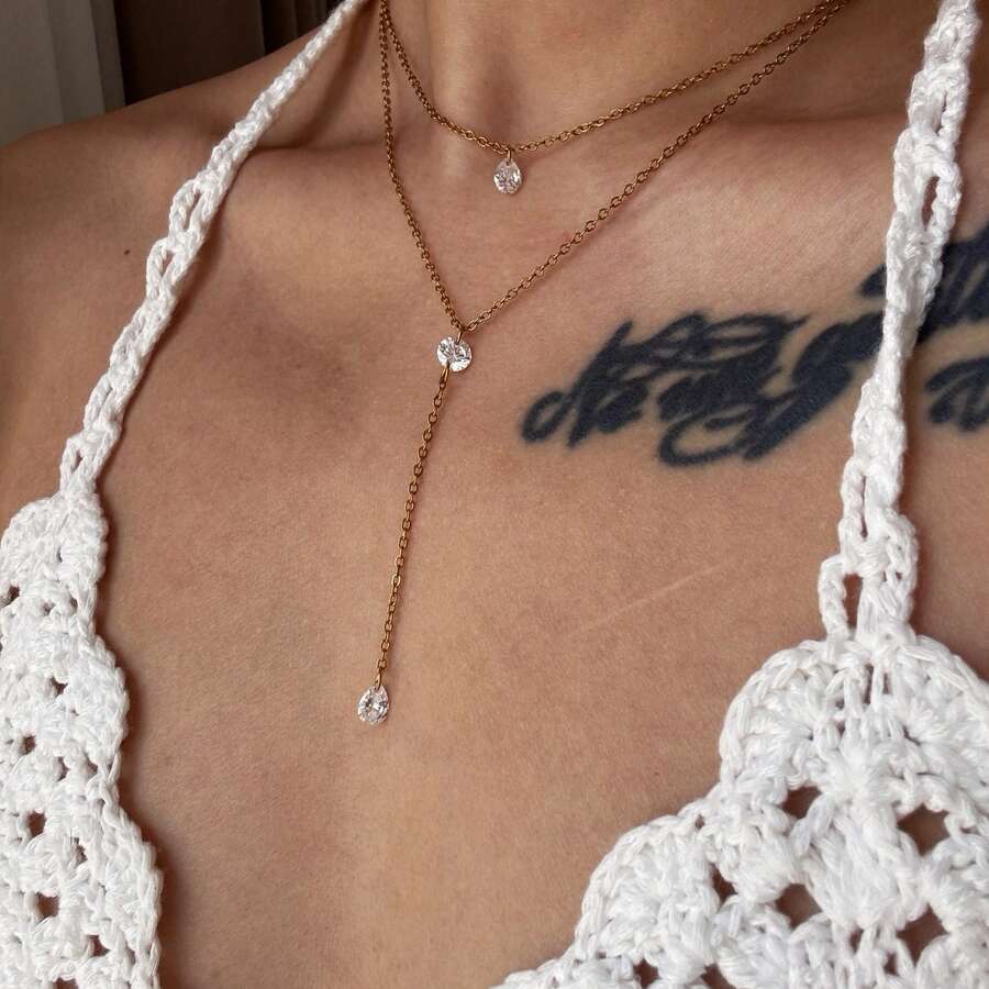 1 Set 2pcs Golden Stainless Steel Water Drop Naked Diamond + 0.5 Flat Cross, 0.5 Flat Cross Round Naked Diamond + Water Drop Naked Diamond Y-Shaped Chain - Gold - View 1